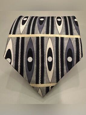 Vintage 90’s Louis Feraud Black, Gray & Cream Geometric Silk Tie Made in the USA